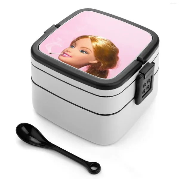 Stoviglie per bambole cresciute Bento Box a doppio strato Pranzo portatile per bambini Scuola Tatuaggi Divertimento Umorismo Rosa Arte contemporanea