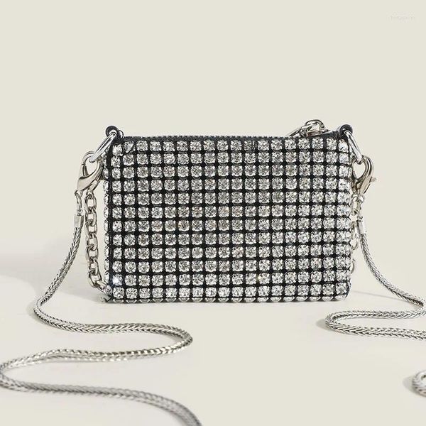 Carteiras 2023 diamantes de luxo crossbody saco feminino quadrado designer malha cristal sacos ombro shinny strass correntes festa pequenas bolsas