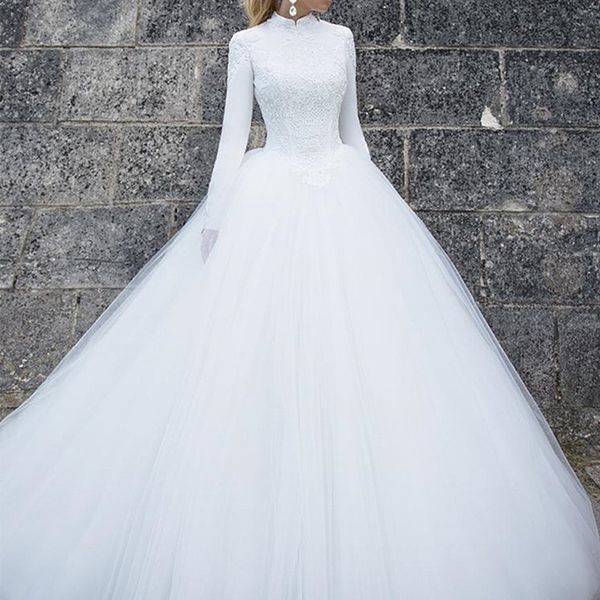 Ilusão muçulmana branco/marfim vestidos de casamento 2024 nova linha a mangas compridas vestido de noiva apliques rendas tule elegante vestidos de casamento