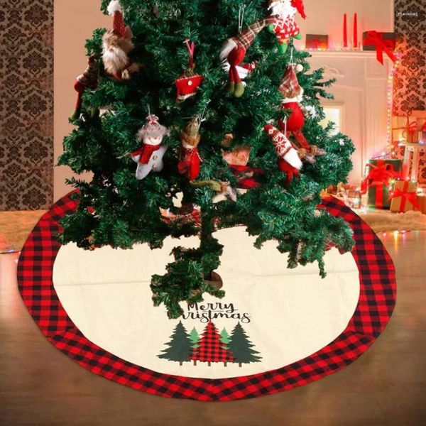 Decorazioni natalizie Gonna per albero da 105 cm Bordo scozzese rosso Oggetti di scena decorativi per feste Fondo in lino