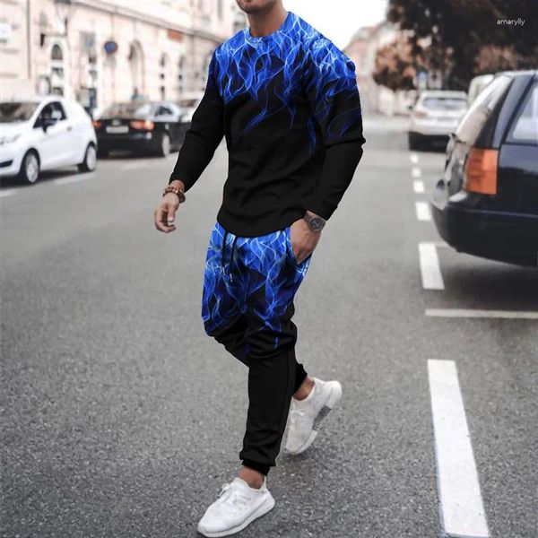 Tracksuits masculinos 2023 outono e inverno 3d impresso colorido chama suéter conjunto moda rua feminina em torno do pescoço esportes terno