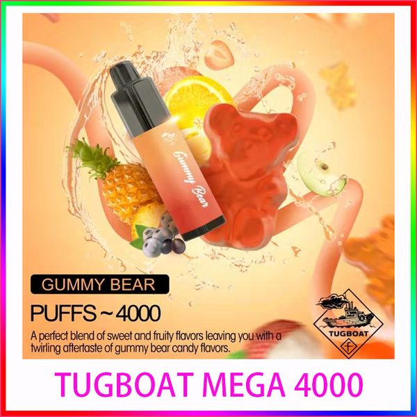 Authentisches Tugboat Mega 4000 Puff Einweg-Vape, elektronische Zigarette, Einweg-Pod-Kit, Luftstromkontrolle, 1000-mAh-Batterie, Crazvapes