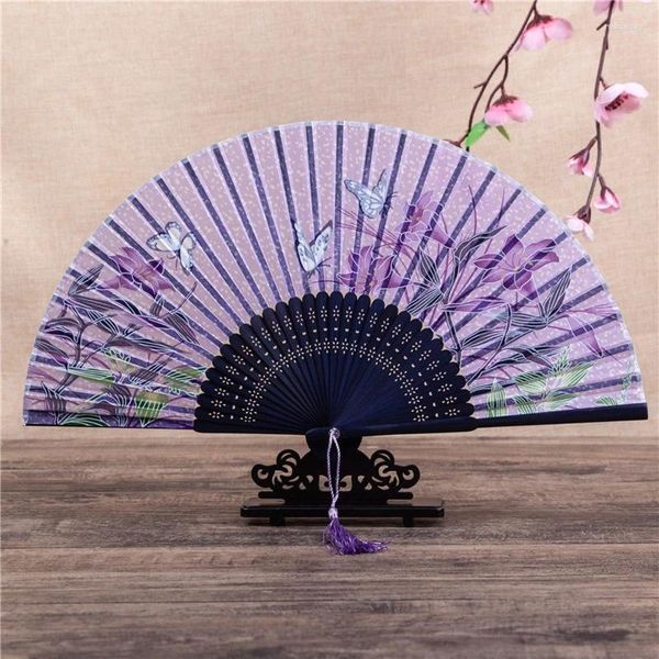 Estatuetas decorativas estilo chinês vintage ventilador dobrável portátil com borla para padrão impresso de borboleta festa de dança de casamento