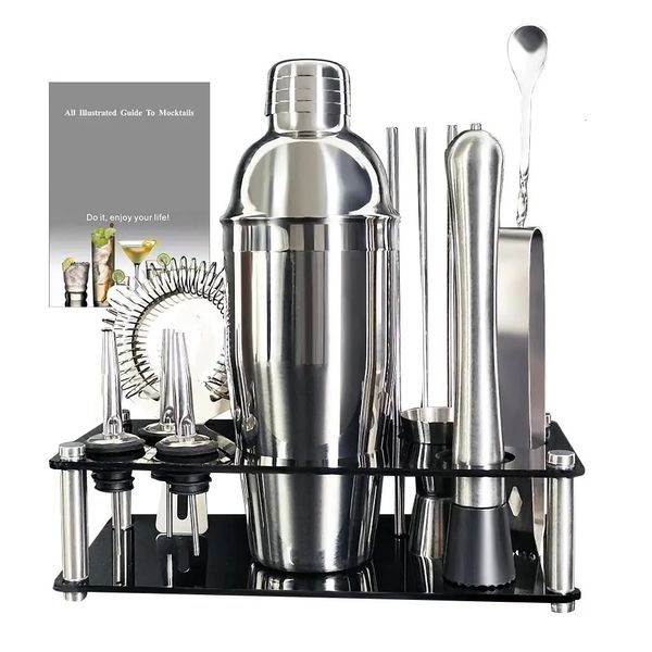 Ferramentas de barra 13 peça conjunto cocktail shaker ferramentas de barra de aço inoxidável com suporte preto 750ml shaker jigger colher pourers 231025