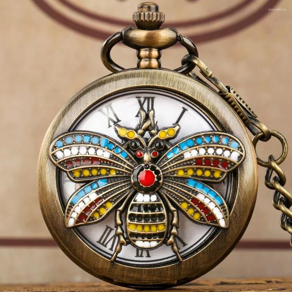 Карманные часы, винтажные медовые пчелиные красочные кварцевые аналоговые часы с подвеской в виде бронзы, ожерелье с римскими цифрами на циферблате