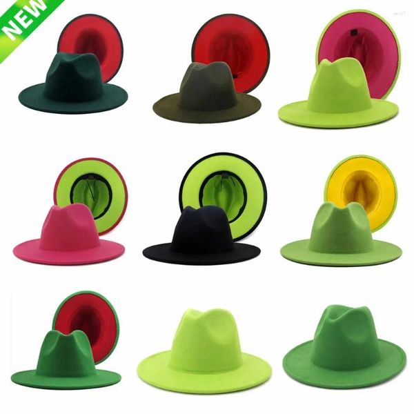 Berets 2023 exterior verde escuro interior vermelho retalhos lã feltro fedora chapéu simples unisex algodão poliéster aba larga panamá