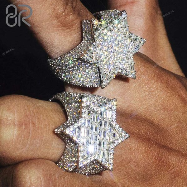 Atacado hip hop baguette moissanite anel de diamante grosso estrela de cinco pontas banhado a ouro 925 prata vvs anel de dedo para homem