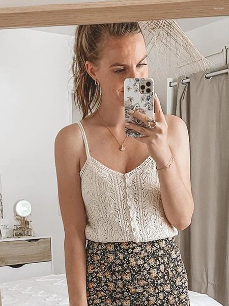 Damen Tanks Häkeln Hohl Camis Sommer Frau Kleidung V-ausschnitt Ärmellos Ausgefallene Stricken Chic Weste Elegante Vintage Weibliche Leibchen 2023