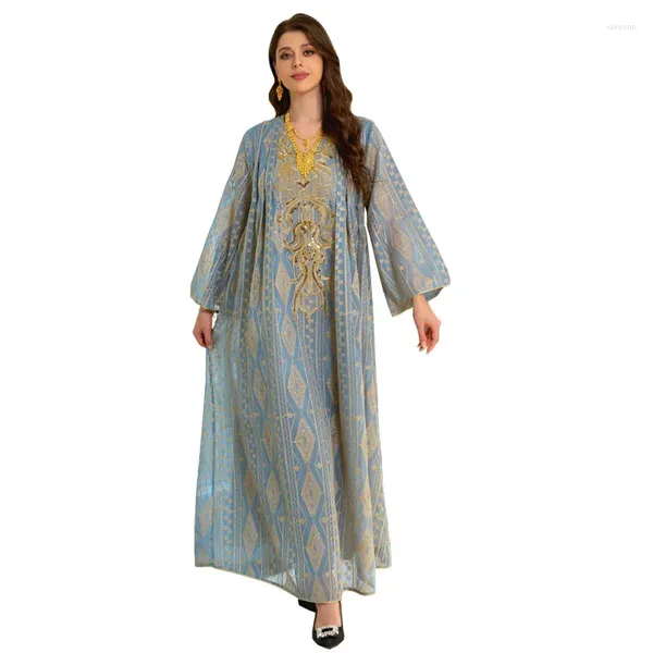 Abbigliamento etnico Jalabiya Abaya Abito arabo musulmano Ricamo in rilievo Abiti Paillettes Maniche lunghe Abiti da sera di lusso in Medio Oriente