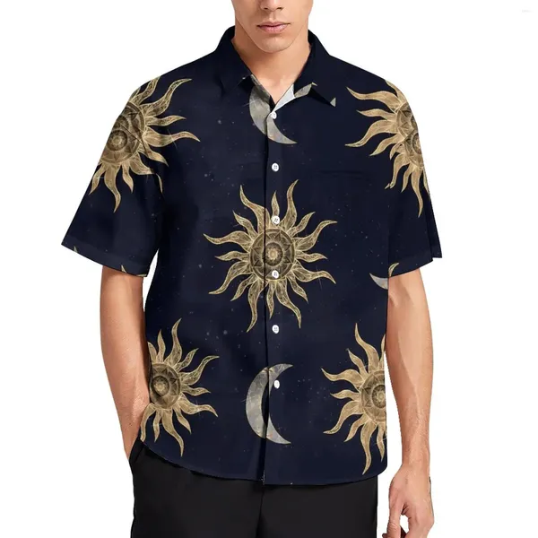 Camicie casual da uomo Camicia da vacanza dorata Sun Moon Mandala Blu Camicette streetwear hawaiane maschili Manica corta Abbigliamento stampato di grandi dimensioni