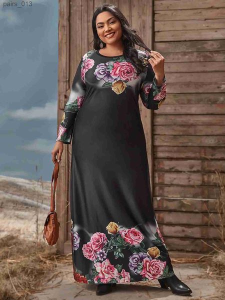 Vestidos casuais básicos outono inverno vestido feminino 2023 manga longa rosa floral impressão preto maxi plus size roupas yq231025