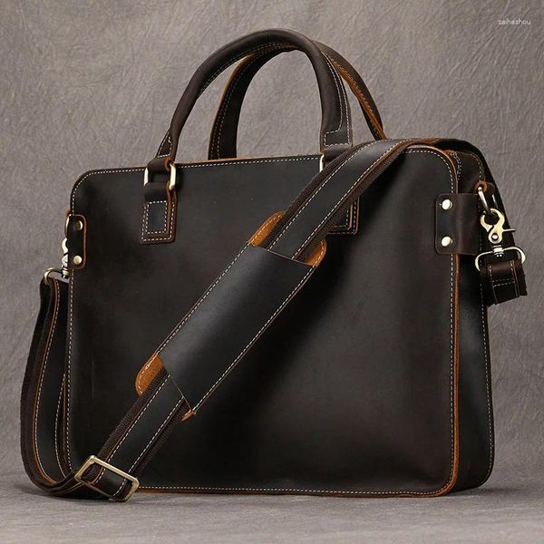 Pastas Top Crazy Horse Couro Maleta Bolsa Masculina Marca Grande 14 Polegada Laptop Tote Retro Genuíno Ombro Mensageiro Sacos