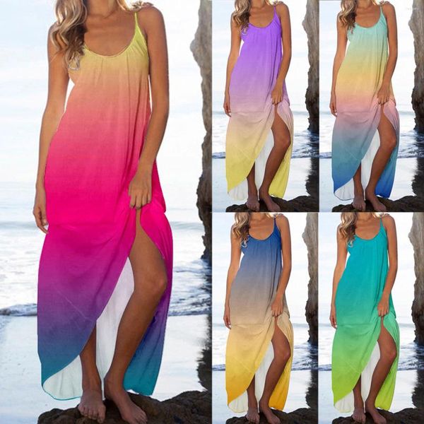 Vestidos casuais mulheres verão sexy colher pescoço praia maxi vestido cor gradiente impressão manga longa túnica