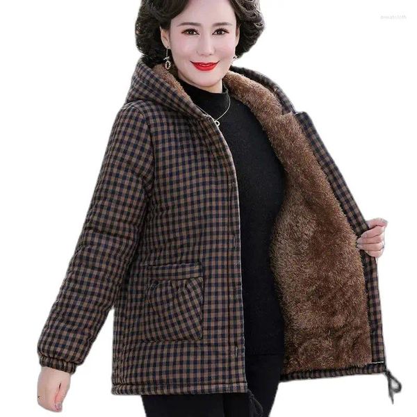 Trench da donna 2023 Cappotto invernale da donna di mezza età Giacca imbottita in cotone Addensare in pile Fodera in pelliccia soprabito Cappotto femminile con cappuccio corto