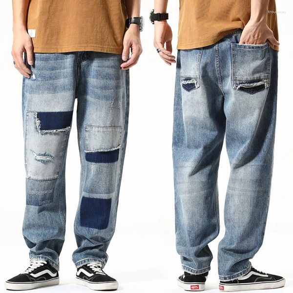 Jeans da uomo Jeans strappati retrò Pantaloni casual dritti larghi Patch alla caviglia Grandi dimensioni Streetwear Uomo Baggy