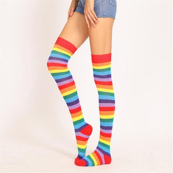 Meias Hosiery Helisopus Rainbow Color Long Mulheres Coxa Highs Halloween Meias Sexy Knee High Stripe Party Funny234p