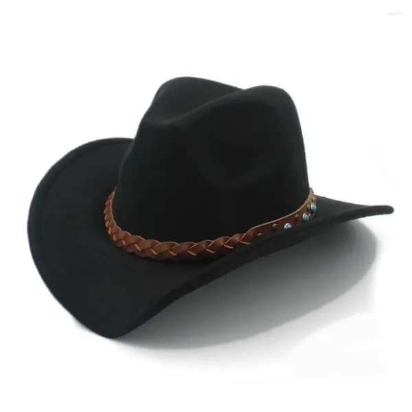 Berets Lã Inverno Primavera Western Cowboy Hat para Womem Homens Wide Brim Cowgirl Jazz Cap com Couro Toca Sombrero Punk Belt 20