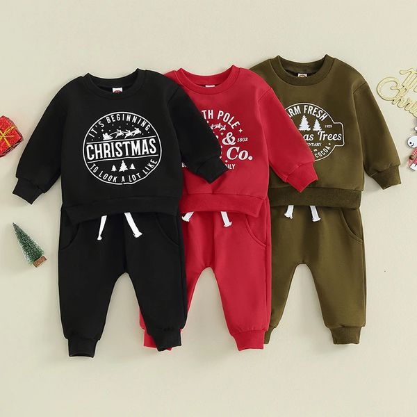 Conjuntos de roupas outono criança natal 2pcs roupas bebê menino treino bonito carta impressão moletom e calças conjunto infantil meninas roupas de natal 231025