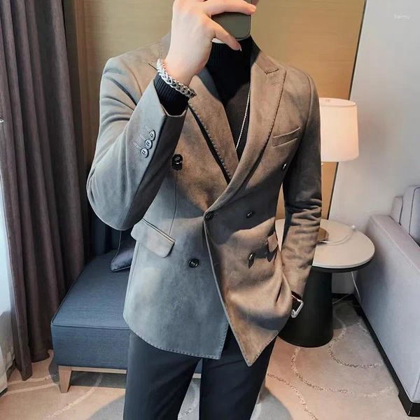 Ternos masculinos qualidade inglaterra estilo duplo breasted camurça blazer jaqueta primavera outono outerwear roupas masculinas preto cinza cáqui
