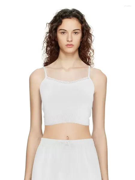 Serbatoi delle donne PUWD Delle Donne Del Cotone Bianco Bordo In Pizzo Maglia Camis e Top con Bretelline 2023 di Estate Delle Signore di Modo Senza Maniche di Colore Solido Femminile Crop Magliette E Camicette