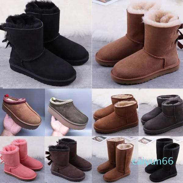 Botas femininas clássicas ultra mini tornozelo curto meio joelho bota alta de pele australiana botas de neve de inverno castanha rosa bota plataforma com gravata borboleta