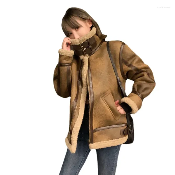 Женские куртки 2023, зимние топы, куртка на подкладке из овечьего меха, женские паки, мотоциклетная кожаная стеганая женская куртка из искусственного пальто, тканевое пальто