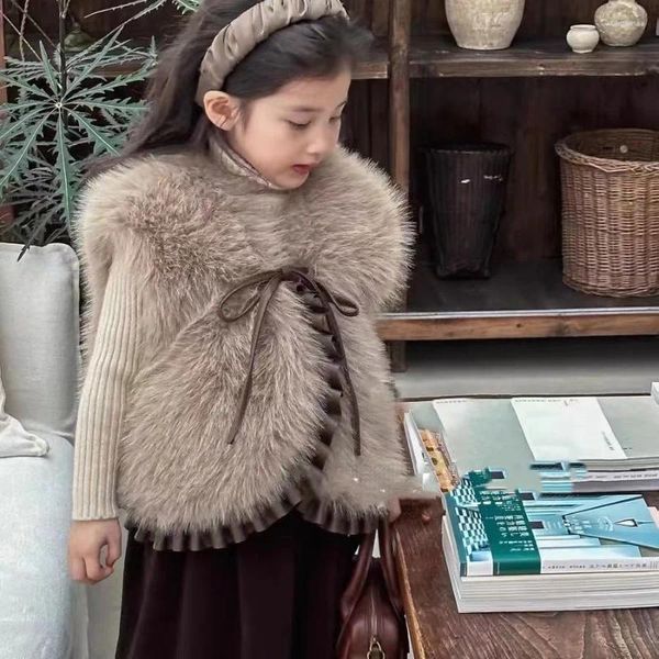 Chaquetas moda Otoño Invierno abrigos de piel para niñas marrón Beige sin mangas con lazo decorado chalecos con bordes plisados