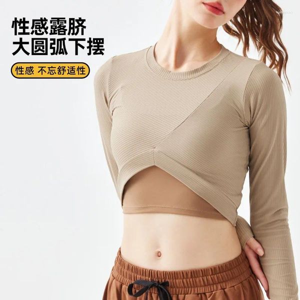 Camisas ativas qiele outono inverno esporte camisa para mulher manga longa bainha única com nervuras midriff-baring treino yoga topos