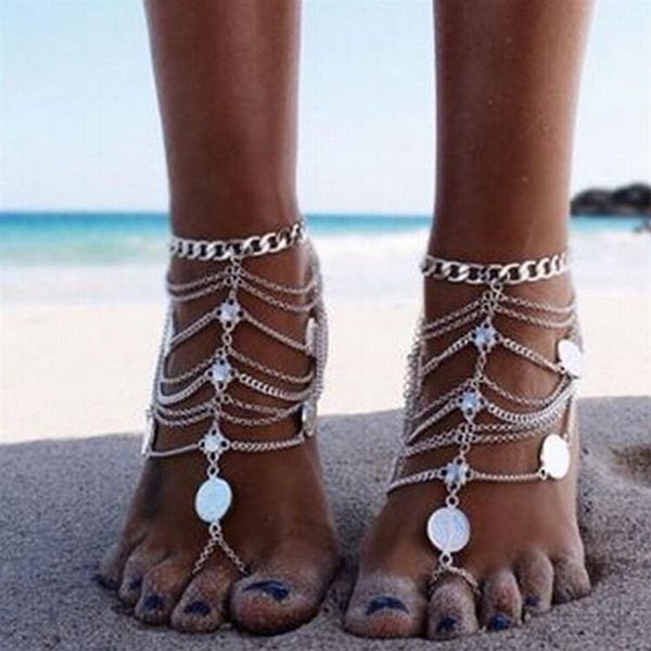 Винтажные дешевые пляжные сандалии Barefoot для свадьбы, серебряные ножные браслеты, цепочка с золотыми монетами, кисточки, кольцо на пальце ноги, бисер, свадебная нога подружки невесты J215t