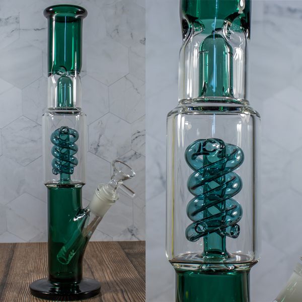 Doppelkammer-Glas-Shisha-Bongs mit Spiral-Perkolator-Downstem, lila Wasserpfeife, Glas-Bubbler, Dab-Rig, 14-mm-Verbindung