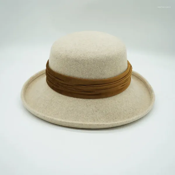 Beralar Vintage Style Bej Kadın Yün Şapka Upturn Brim kurdele grubu Cloche Fedora bayanlar Kış Şapkaları Blower