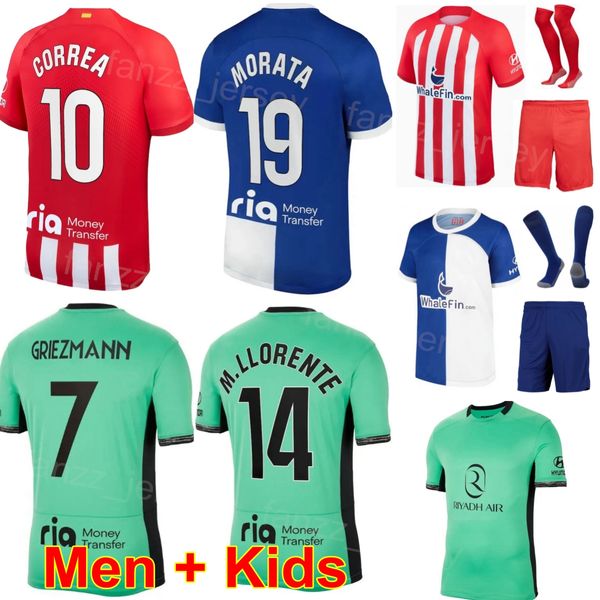 Atlético Madrids Soccer Jersey Men Youth 23 24 Club 7 Antoine Griezmann 8 Saul Niguez 13 Jan Oblak 19 Alvaro Morata Marcos Llorente Memphis Depay Camisa de futebol Kits