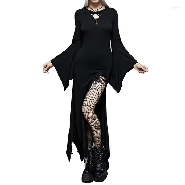 Vestidos casuais xingqing vestido gótico y2k mulheres preto queimado manga longa alta fenda escura academia vintage estética streetwear