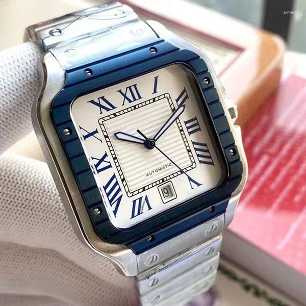 Relógios de pulso Ly Top Quality Original Marca Mens Relógios Luxo Quadrado Automático Negócio Mecânico Azul Ouro Bezel Relógio Drop