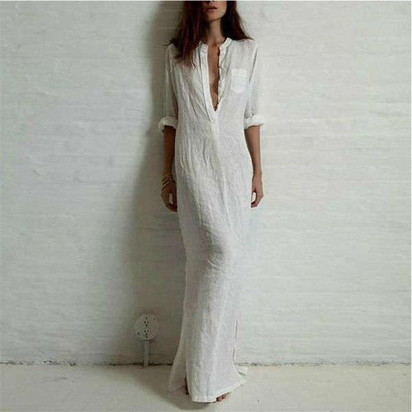 Vestido feminino verão sexy longo algodão sólido até o chão vestido branco elegante manga longa239b