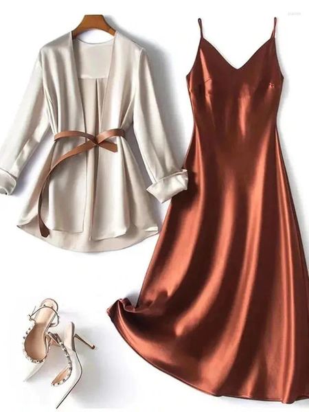 Casual Kleider Hohe Qualität Satin Anzug Frauen Kleid Zwei Stück Set Elegante V-ausschnitt Sexy Sling Midi Frühling Langarm Temperament