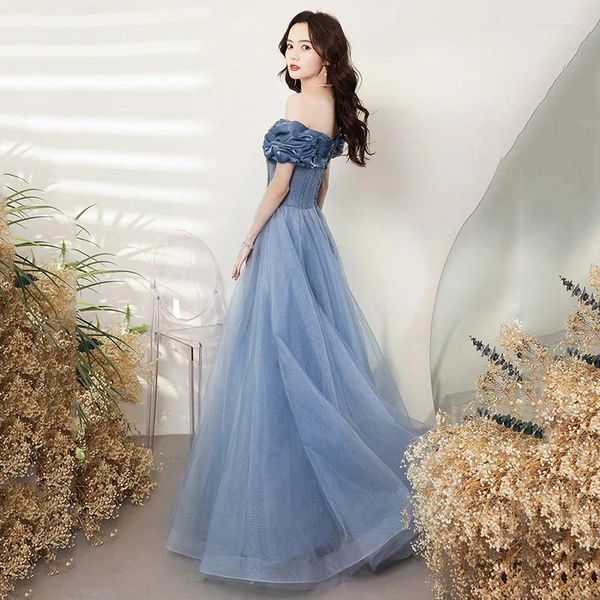 Abiti da festa con paillettes blu grigiastro lungo con spalle scoperte Lady Girl Fairy Prom Dress Spettacolo di ballo serale