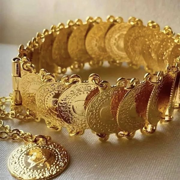 Bangle Otomano Turco Totem Cadeia Pulseira Chapeamento Ouro Luxo Coin Cuff Bangles para Nupcial Étnica Bijoux 231025