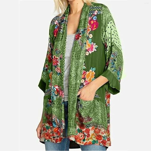 Kadın Ceketleri Kadınlar Günlük Gevşek Kimono Hardigan Ceket Üstleri Plaj Bikini Örtün Kaplama Çiçek Baskısı 3/4 kollu cep