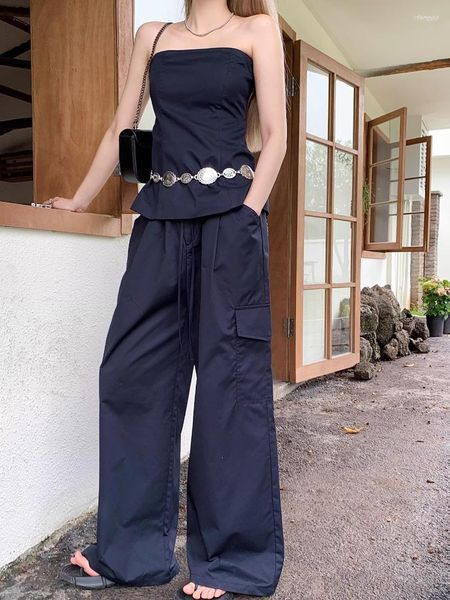 Calças femininas de duas peças menina magro sem mangas sem alças curto top cintura alta solta em linha reta perna larga carga conjunto de duas peças moda