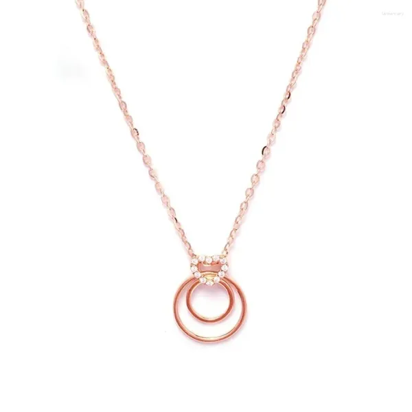 Catene Vera catena in oro rosa puro 18 carati con zirconi a forma di cuore e doppio cerchio, collana a maglie O, 2,5 g