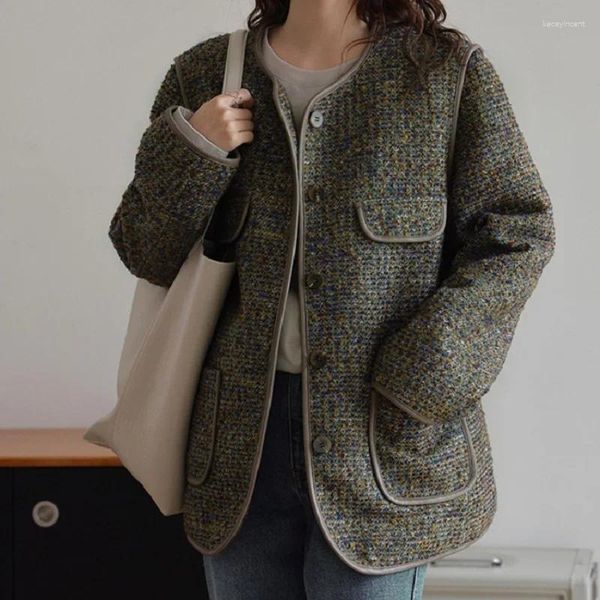 Jaquetas femininas tecido lã francesa tweed casaco perfumado outono inverno retro casual solto feminino