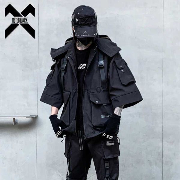 Vestes Hip Hop fonction vestes tactiques hommes Multi poches demi manches manteaux Hip Hop Streetwear vestes à capuche hauts Techwear YQ231025