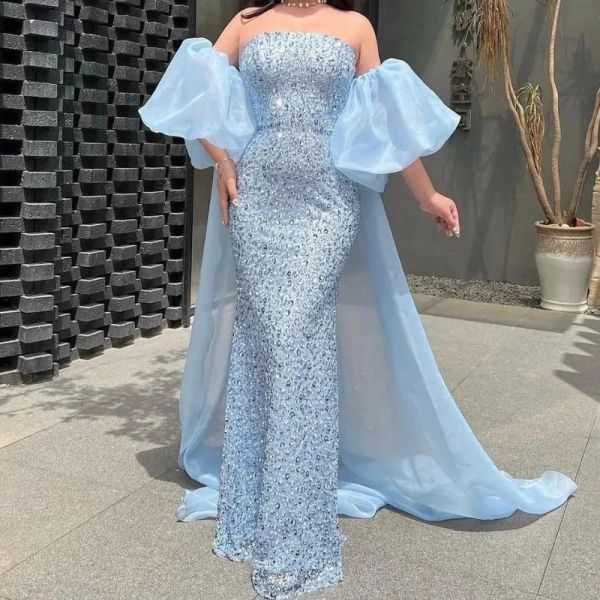 Abiti da sera lunghi di lusso Dubai Abiti da festa da sposa lunghi senza spalline con perline blu cielo con sirena con paillettes