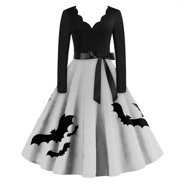 Abiti casual Abito da Halloween da donna Vestibilità slim Vintage classico maniche lunghe Stampa scollo a V Swing Little Ghost