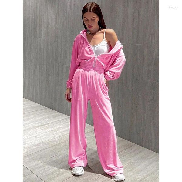 Damen Zweiteilige Hosen Frühling Herbst Mode Trainingsanzug 2 Set Frauen Y2K Hip-Hop Reißverschluss Kapuzenoberteil Elastische Taille Jogginghose Rosa Samt Sport