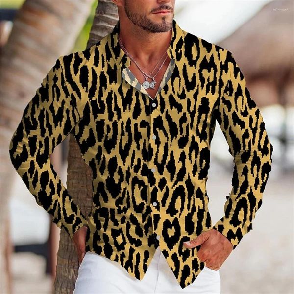 Camicie casual da uomo 2024 Camicia a maniche lunghe con stampa leopardata per uomo Moda autunno Semplice T risvolto Abbigliamento da strada Top