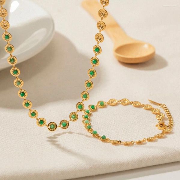 Anhänger Halsketten Minar Luxus 18K Gold PVD plattiert Edelstahl grüne Farbe CZ Zirkonia Runde Strang Choker Halskette für Frauen