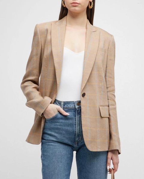 Ternos femininos um lc feminino blazer primavera/outono casaco terno jaqueta marrom claro casual elegante clássico vintage xadrez linho com decote em v senhora do escritório