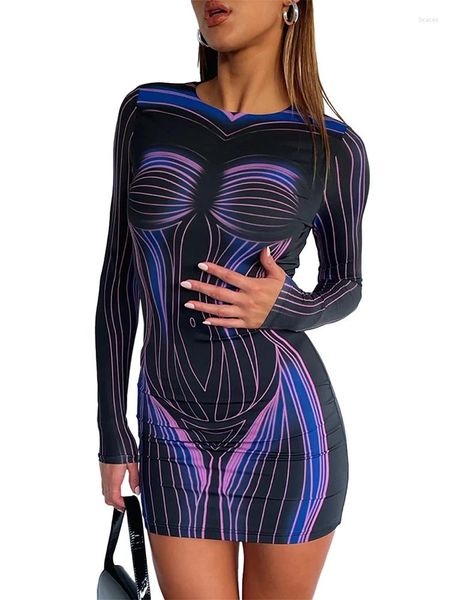 Vestidos casuais haoyuan 3d corpo impressão manga longa curto mini vestido para mulheres 2023 y2k aniversário noite clube outfits sexy elegante bodycon